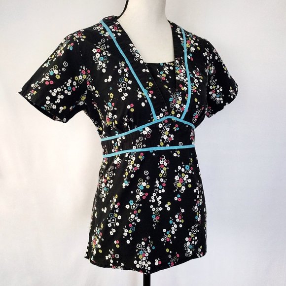 Cherokee Studio Black Floral Back Tie Scrub Top - Picture 3 of 14
